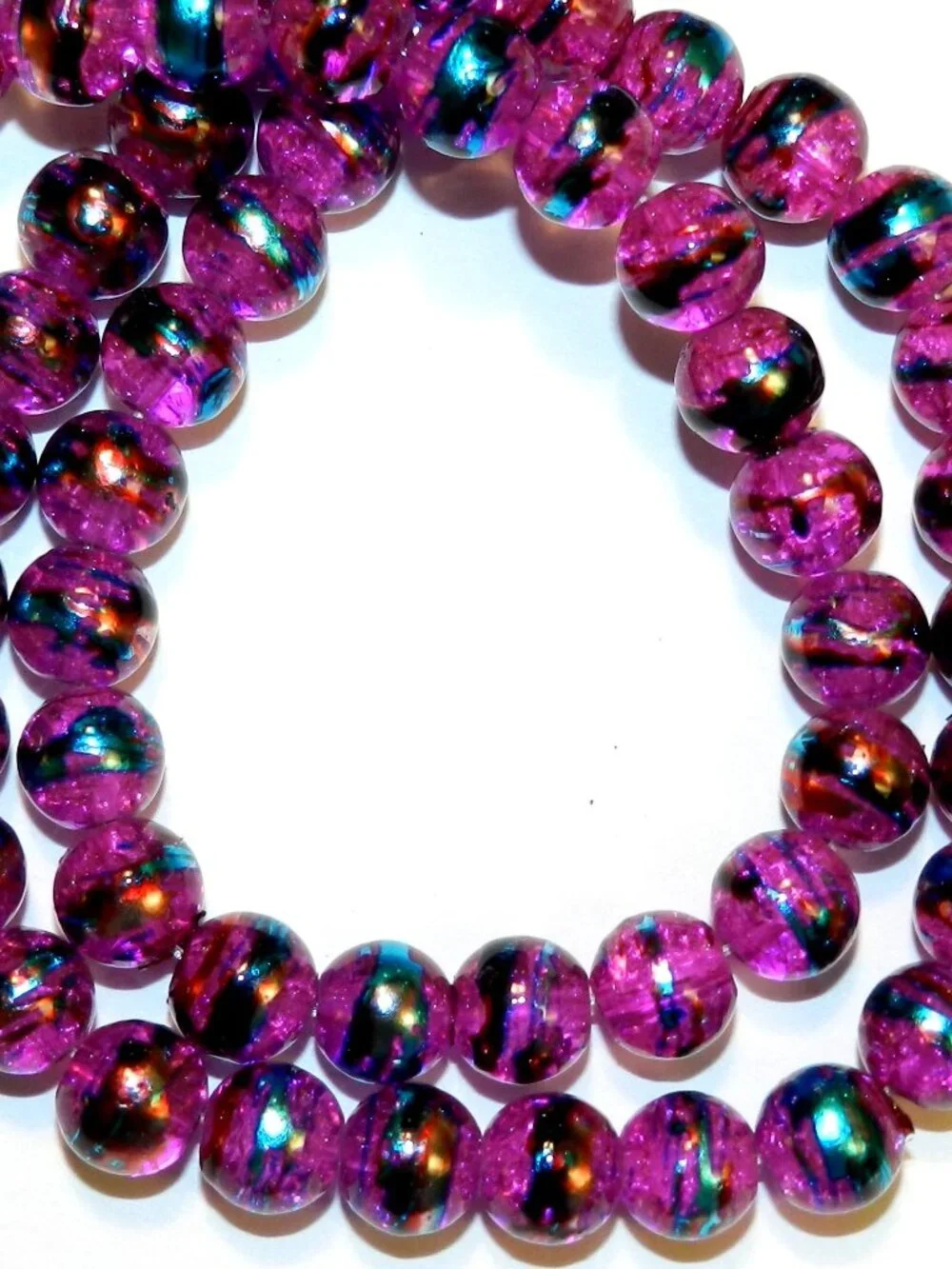 Fuchsia Pink 8mm Round Metallic Drawbench Swirl Crackle Glass Beads 32" G1731 - Picture 2 of 5